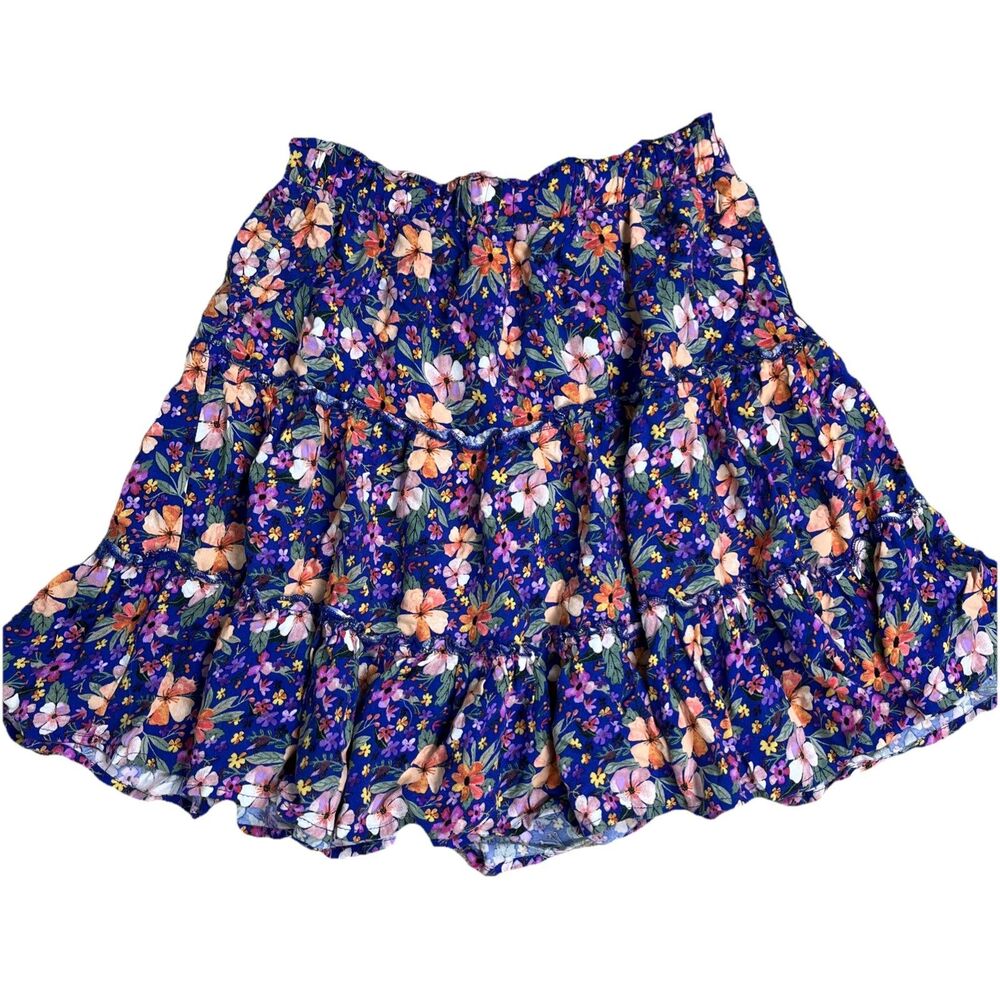 Rachel Zoe Womens Floral Ruffle Mini Skirt Sz S Blue Boho Vacation Tiered Rayon